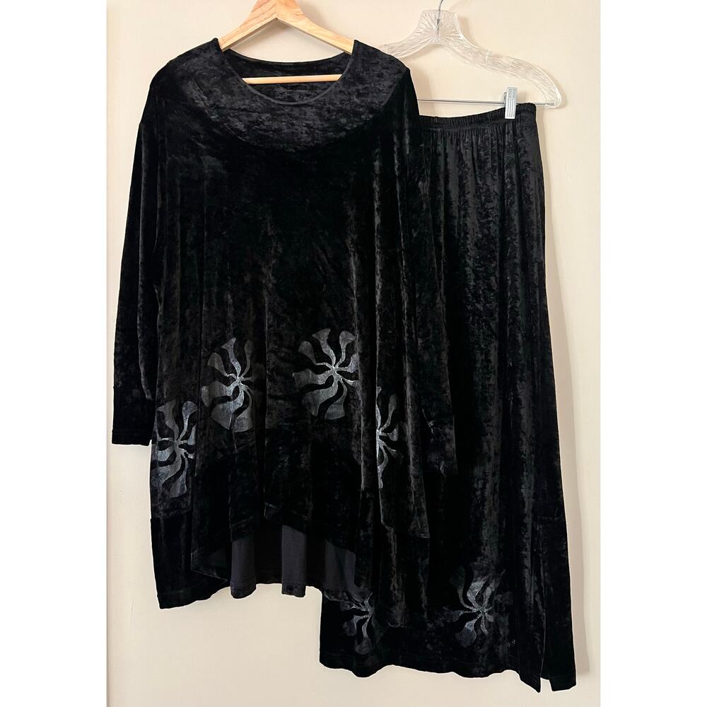 Vtg 90s Blue Fish Set Crushed Velvet Black Printed Top Dress Skirt One Size / 1